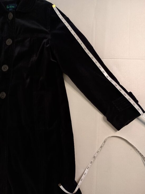 Boden Black Velvet Like Knee-Length Coat w/Purple & White Dot Lining Women’s 14 - Picture 8 of 10